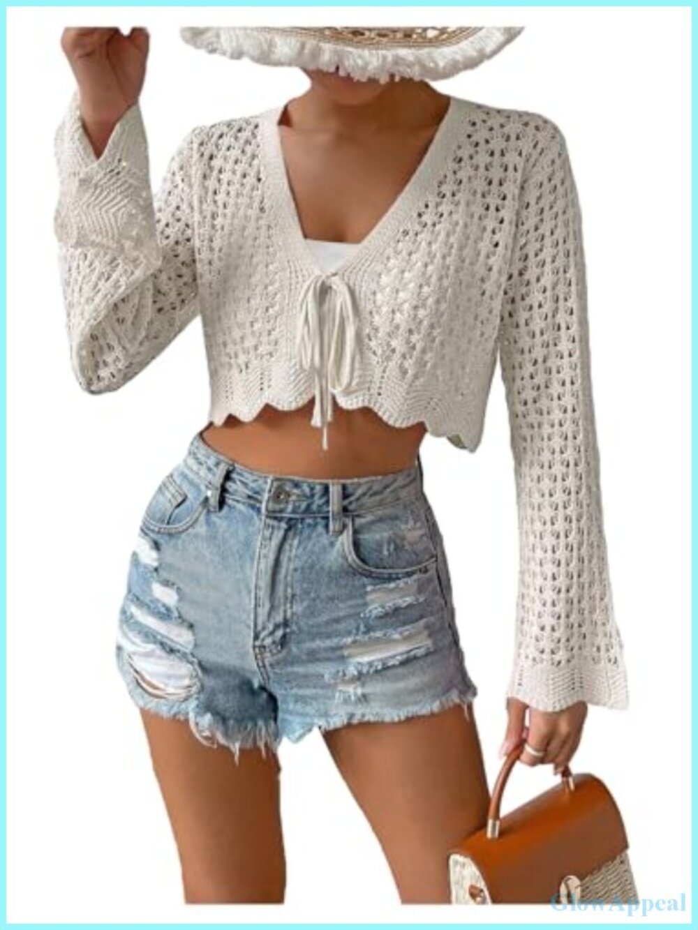 Women's Crochet Tie Front Cardigan Bell Sleeve Cropped Boho Knit Beach Festival